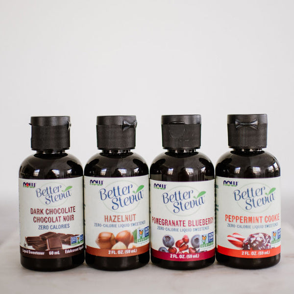 Image displays 59ml bottles of Better Stevia. Multiple flavours including Dark Chocolate, Hazelnut, Pomegranate  Blueberry, Peppermint cookie and more. 
