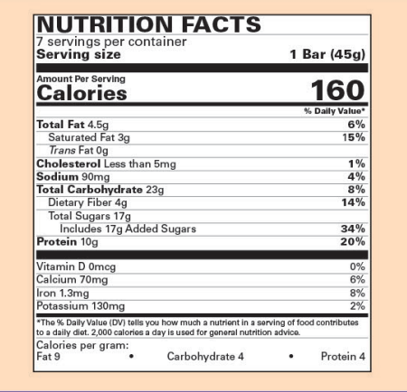 Nutritional Facts. 7 servings per container. 1 bar is 45g. Each serving contains 160 calories. 
