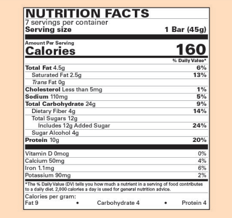Nutritional Facts. 7 Servings per container. 1 bar is 45g. Each serving contains 160 calories. 