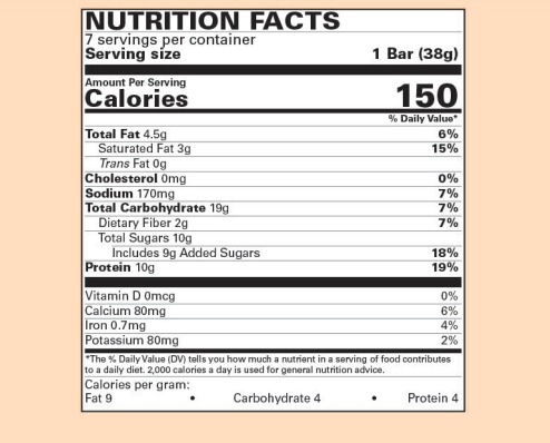 Nutritional Facts. 7 Servings per container. 150 calories per serving. 1 bar is 38g. 