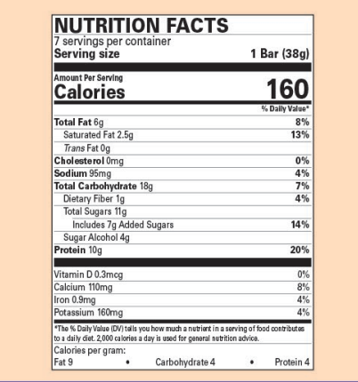 Nutritional Facts. 7 Servings per container. 1 Bar is 38g. 1 serving contains 160 calories. 